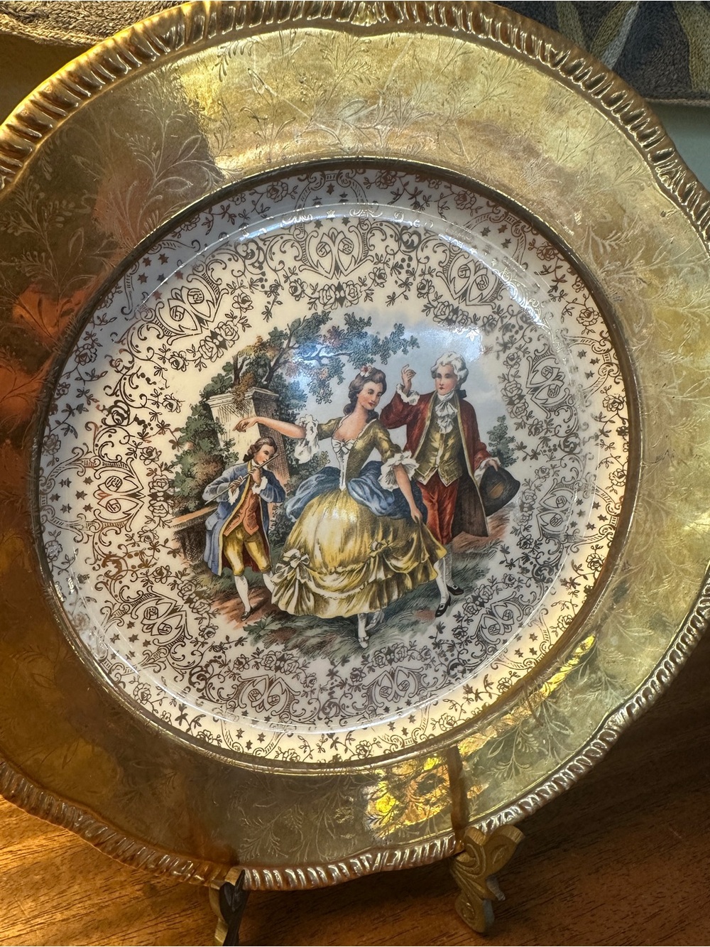Vintage Gold and White Decorative Charger Plate with Figurative Scene - Picture 3 of 5